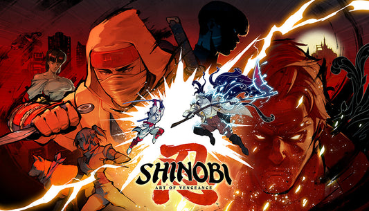 Official cover art for the action game Shinobi: Art of Vengeance featuring a ninja in a stylized pixel art world.