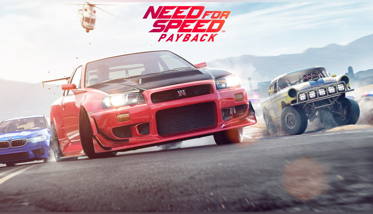 Official cover art for the racing video game Need for Speed Payback PC EA App version, featuring action driving elements.