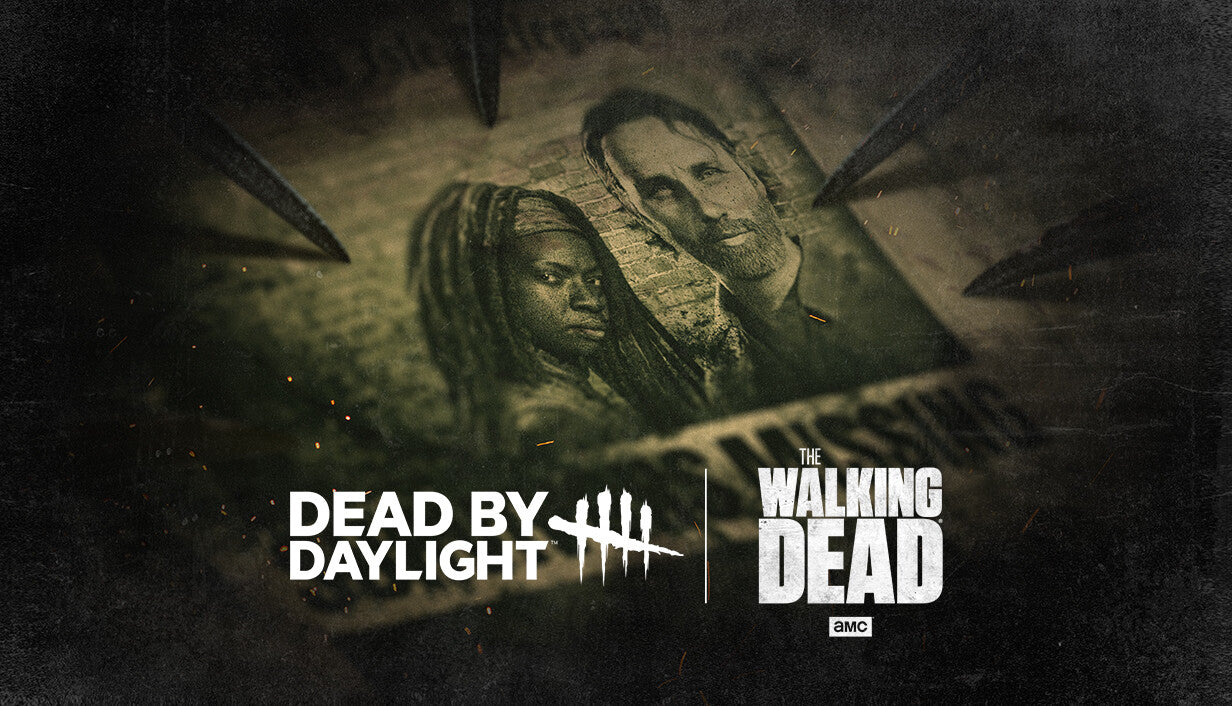 Cover art for Dead by Daylight: The Walking Dead, displaying a distressed "Missing" poster pinned against a dark surface featuring sketched portraits of Michonne and Rick Grimes.