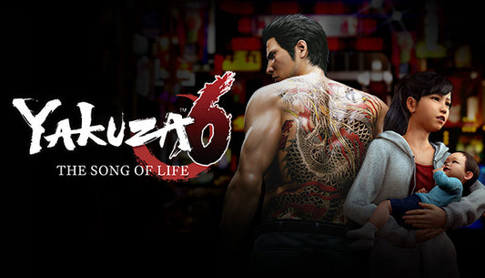 Official cover art for Yakuza 6: The Song of Life featuring protagonist Kazuma Kiryu holding a baby in Kamurocho.