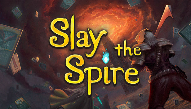 Official cover art for the roguelike deckbuilder Slay the Spire featuring a silhouette of the Ironclad character.