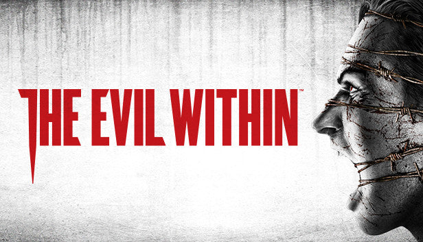 Official cover art for The Evil Within featuring a close-up of a character's face entangled in rusted barbed wire.