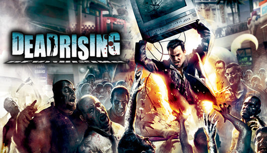 Official cover art for the action-survival game Dead Rising featuring Frank West surrounded by a massive horde of zombies.