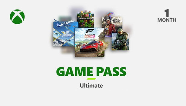 Official cover art for Xbox Game Pass Ultimate 1 Months subscription featuring the green Xbox logo on a white background.