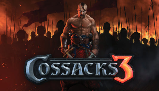 Official cover art for the real-time strategy game Cossacks 3 featuring a 17th-century soldier on a battlefield.