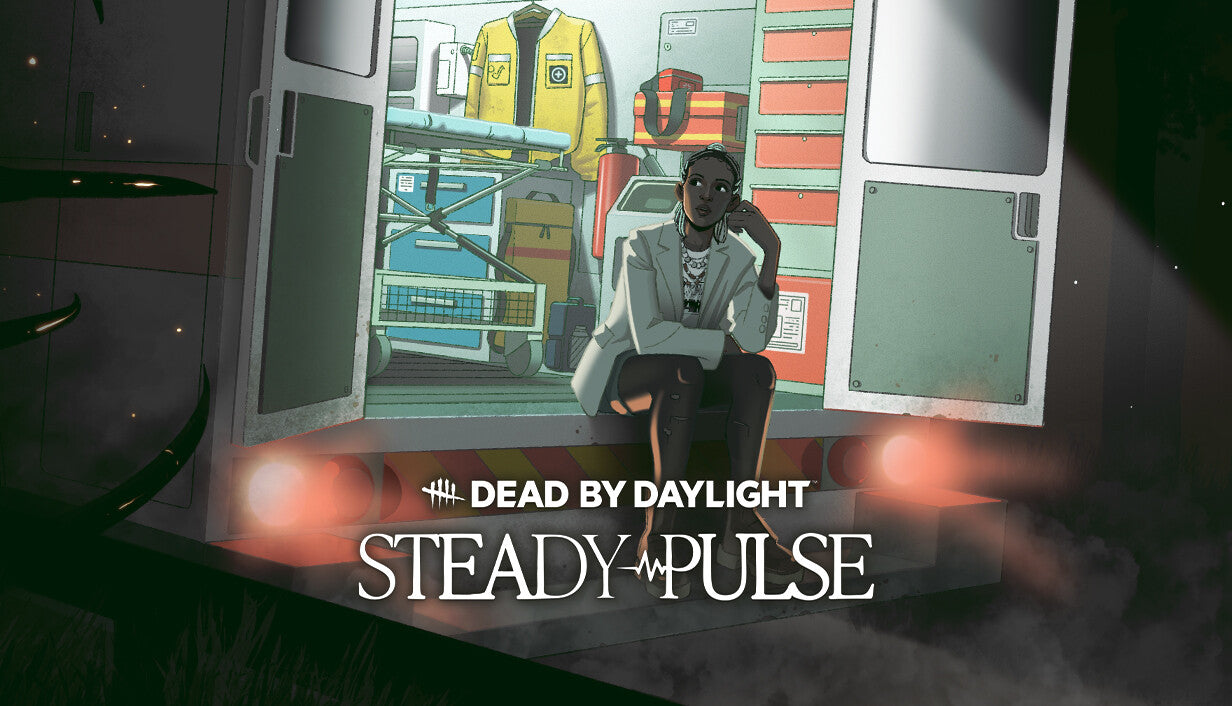 Cover art for Dead by Daylight - Steady Pulse, illustrating a female survivor sitting relaxed on the back step of an open, fully stocked ambulance in the dark woods.