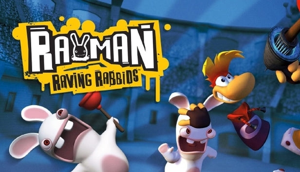 Cover art for Rayman Raving Rabbids, showing a smiling Rayman surrounded by frantic, screaming white Rabbids, including one holding a red toilet plunger, inside a blue arena.