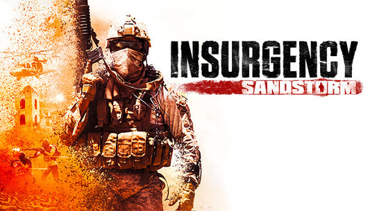 Official cover art for the tactical first-person shooter Insurgency: Sandstorm featuring soldiers in a desert combat zone.