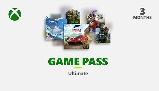 Official cover art for Xbox Game Pass Ultimate 3 Months subscription featuring the green Xbox logo on a white background.
