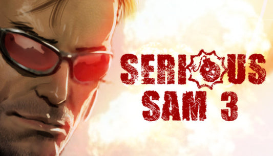 Official cover art for the FPS game Serious Sam 3: BFE featuring Sam Stone wielding a large sledgehammer against a desert backdrop.