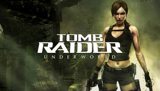 Official cover art for Tomb Raider: Underworld featuring Lara Croft in an action pose against a lush jungle backdrop.