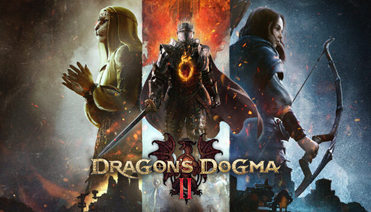 Official cover art for the action RPG Dragon's Dogma 2 featuring a dragon and a hooded figure against a scenic background.