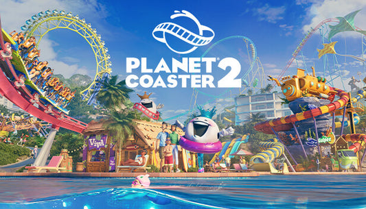 Official cover art for Planet Coaster 2 showing a vibrant theme park with a large water slide and Ferris wheel.