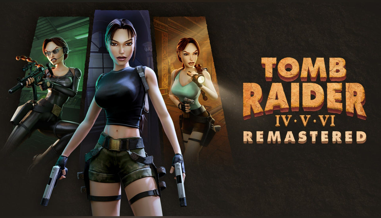 Official key art for Tomb Raider IV-VI Remastered showing adventurer Lara Croft with her signature dual pistols. Optimized banner image for the classic action-adventure trilogy remastered by Aspyr for PC Steam.