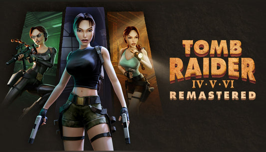 Official key art for Tomb Raider IV-VI Remastered showing adventurer Lara Croft with her signature dual pistols. Optimized banner image for the classic action-adventure trilogy remastered by Aspyr for PC Steam.