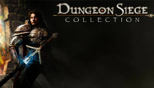 Cover art for the Dungeon Siege Collection, showing a stern male warrior in dark armor with a lion crest, holding a glowing blue weapon in the shadows.