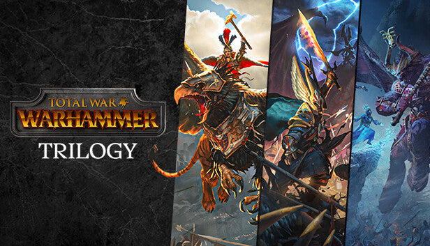Total War: WARHAMMER TRILOGY cover art featuring a collage of three legendary characters from the three strategy games ready for battle.