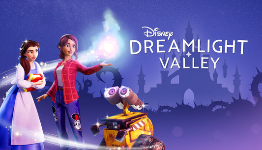 Magical cover art for Disney Dreamlight Valley showing a customizable player character wielding light magic alongside Belle and WALL-E, with a dark silhouette of a thorny Disney castle in the twilight background.
