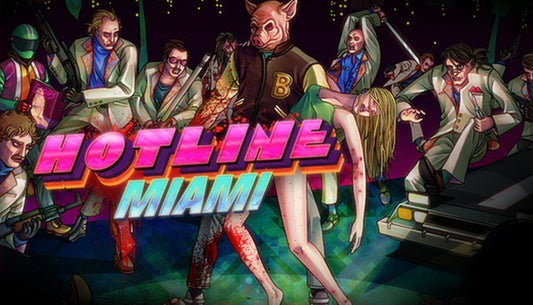 Official cover art for the top-down shooter Hotline Miami featuring neon pixel art and a 1980s aesthetic.
