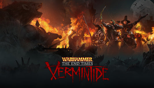 Official cover art for Warhammer: End Times - Vermintide featuring a warrior facing a swarm of rat-like Skaven.