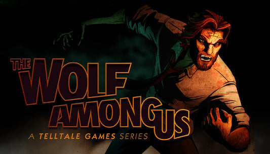 Official cover art for the episodic adventure game The Wolf Among Us featuring Bigby Wolf in a neon-lit noir setting.
