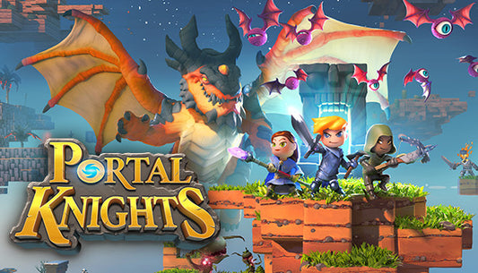 Official cover art for the sandbox adventure game Portal Knights featuring characters and structures in a vibrant 3D fantasy world.