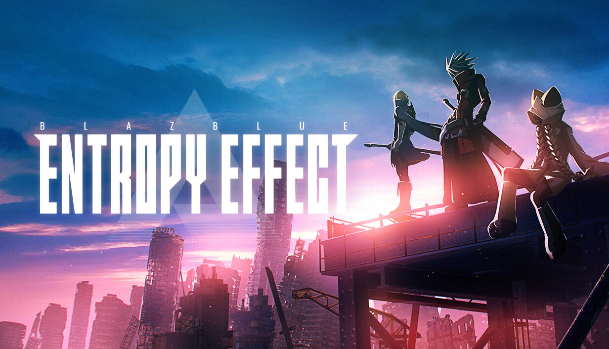 Official cover art for BlazBlue Entropy Effect featuring a stylized sci-fi character in a cyberpunk setting.