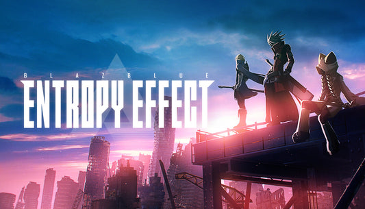 Official cover art for BlazBlue Entropy Effect featuring a stylized sci-fi character in a cyberpunk setting.