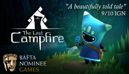 Official cover art for the puzzle adventure game The Last Campfire, featuring Ember holding a blue flame in a stylized forest.