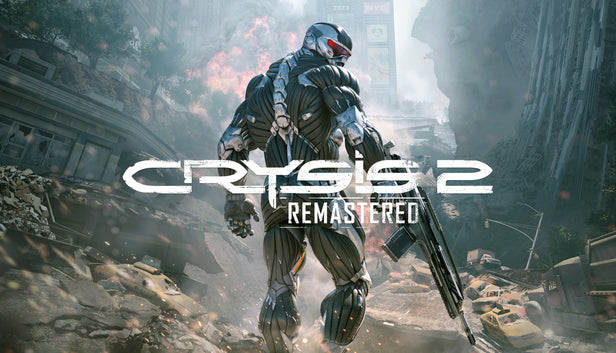 Official cover art for Crysis 2 Remastered featuring a Nanosuit-clad soldier in a futuristic urban setting.