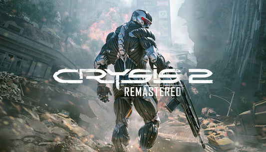 Official cover art for Crysis 2 Remastered featuring a Nanosuit-clad soldier in a futuristic urban setting.