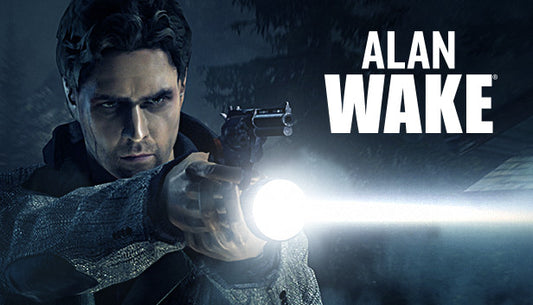Official cover art for the psychological horror game Alan Wake featuring a man with a flashlight in a dark forest.