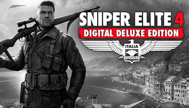 Sniper Elite 4 Deluxe Edition official cover art featuring a sniper overlooking a coastal Italian town.