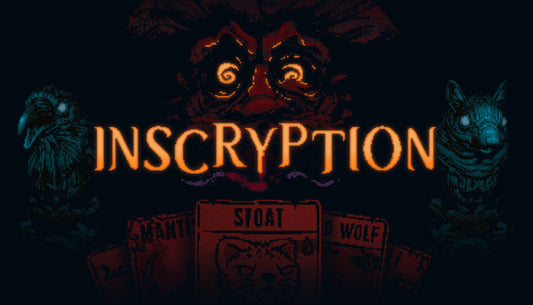 Official cover art for the psychological horror card game Inscryption featuring a dark, atmospheric illustration.
