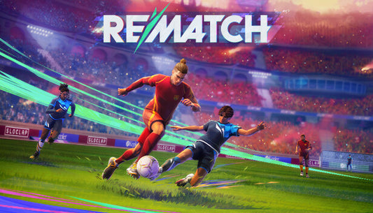 Official cover art for the fighting game REMATCH featuring a stylized red and white character silhouette.