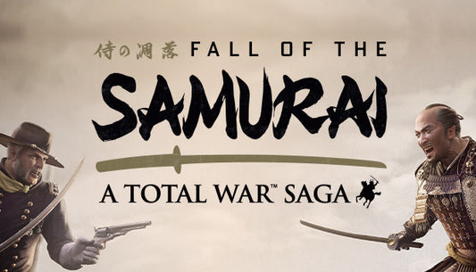Official cover art for A Total War Saga: FALL OF THE SAMURAI featuring a high-contrast warrior silhouette against a red sun.