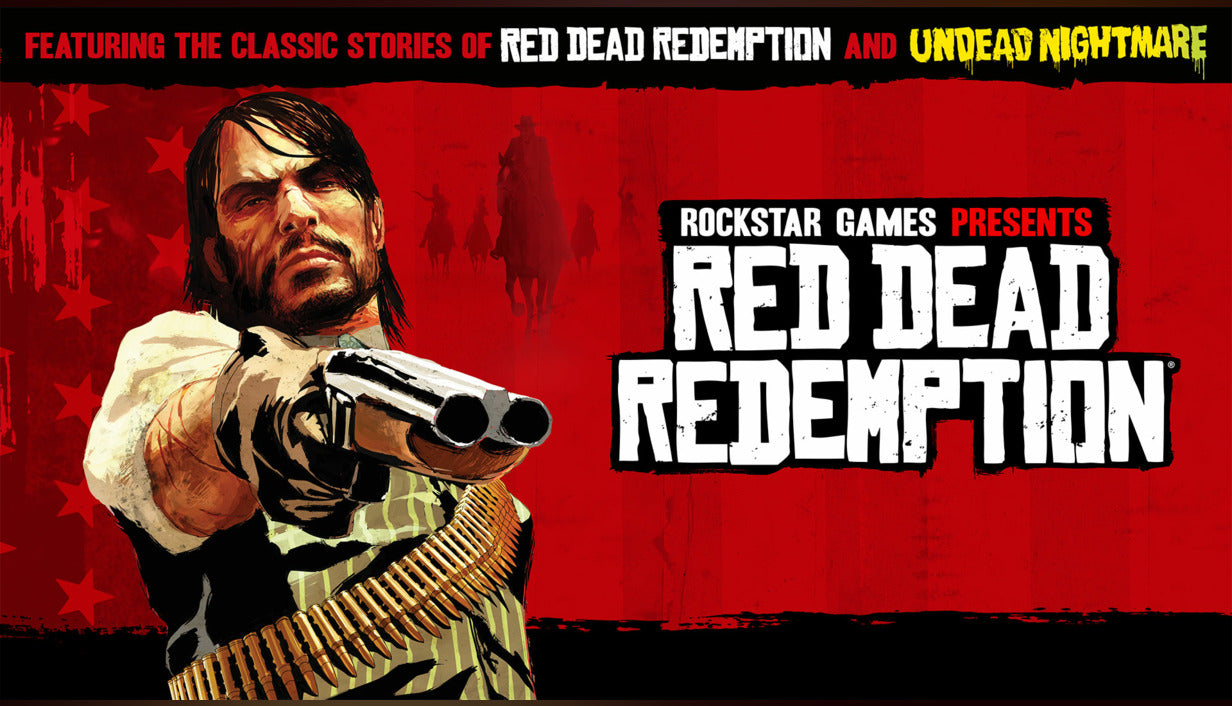 Official cover art for Red Dead Redemption on Nintendo Switch featuring John Marston against a red sunset background.