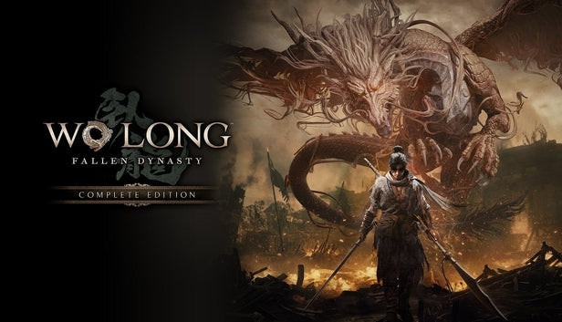 Cover art for Wo Long: Fallen Dynasty Complete Edition, showcasing a lone, battle-worn warrior dual-wielding weapons in a burning, ruined landscape while a massive, intricate Chinese dragon roars in the sky above.