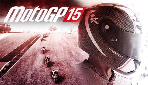 Official promotional artwork for MotoGP 15 video game featuring high-speed motorcycle racing simulation by Milestone.