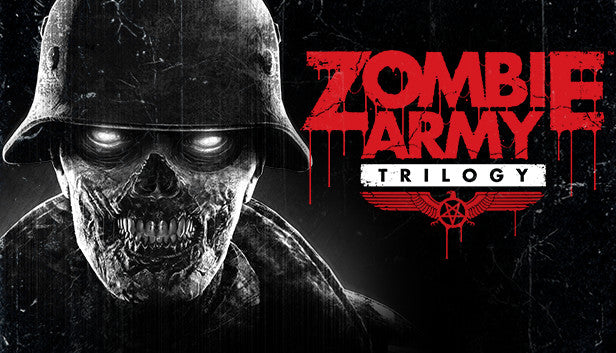 Official cover art for Zombie Army Trilogy featuring a group of Nazi zombies and the main characters in a war setting.