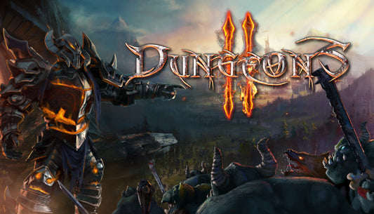Official cover art for Dungeons 2 PC Steam key game featuring the Ultimate Evil and creatures from the underworld dungeon manager simulation.