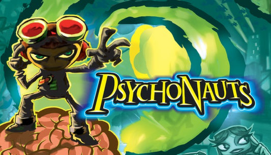 Official cover art for the game Psychonauts featuring Raz in a vibrant, psychedelic brain-themed illustration.