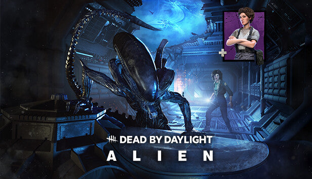 Dead by Daylight - Alien Chapter Pack cover art featuring a Xenomorph stalking through a blue-lit spaceship as Ellen Ripley holds a flashlight.