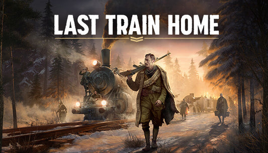Official cover art for the survival strategy game Last Train Home featuring soldiers on a train in a snowy landscape.