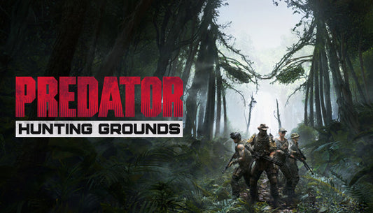 Official cover art for the action game Predator: Hunting Grounds showing a Predator's mask and soldiers in a jungle.