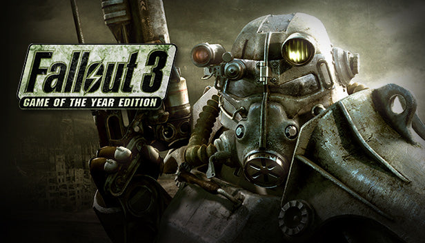 Official cover art for Fallout 3 Game of the Year Edition featuring a rusted T-45 Power Armor helmet on a gritty background.