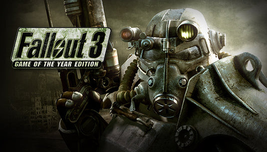 Official cover art for Fallout 3 Game of the Year Edition featuring a rusted T-45 Power Armor helmet on a gritty background.