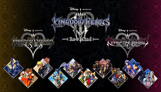 Official cover art for KINGDOM HEARTS INTEGRUM MASTERPIECE, displaying game logos and a row of character art diamonds.