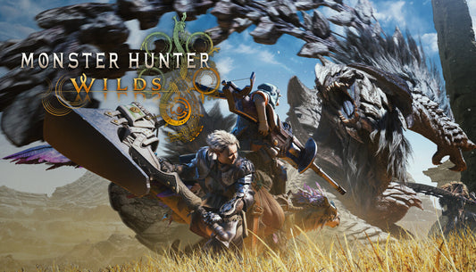 Official cover art for Monster Hunter Wilds featuring a hunter and a mount in a vast, atmospheric landscape.