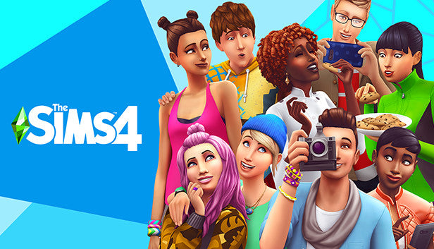 Official cover art for the life simulation game The Sims 4 PC & Mac, featuring the game logo and virtual characters.